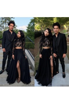 Long Black Two Pieces Lace Tulle Prom Dresses Formal Evening Gowns 901605