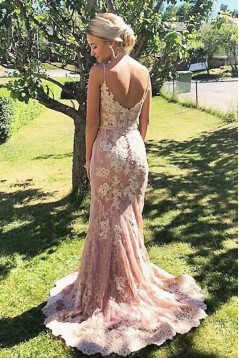 Mermaid Spaghetti Straps Long Lace Beaded Prom Dresses Formal Evening Gowns 901608