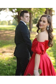Long Red Off the Shoulder Satin Prom Dresses Formal Evening Gowns 901636