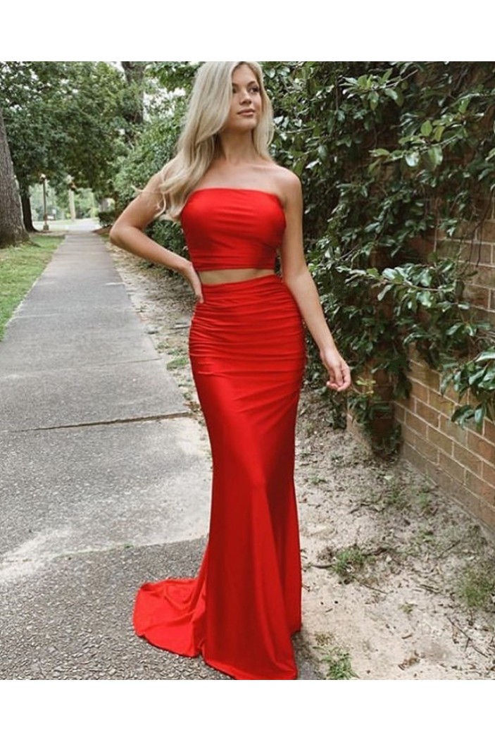 Long Red Two Pieces Strapless Prom Dresses Formal Evening Gowns 901647