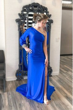 Long Royal Blue One Shoulder Prom Dresses Formal Evening Gowns 901688