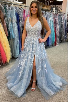 A-Line Lace V Neck Prom Dresses Formal Evening Gowns 901713