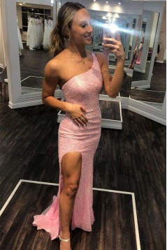 Long Pink One Shoulder Sparkle Sequin Prom Dresses Formal Evening Gowns 901724