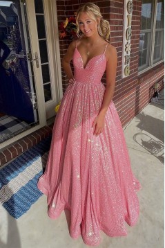 Long Pink Sparkle Sequins Prom Dresses Formal Evening Gowns 901729