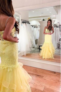 Long Yellow Mermaid Lace Prom Dresses Formal Evening Gowns 901740