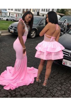 Long Pink Mermaid Lace Prom Dresses Formal Evening Gowns 901742