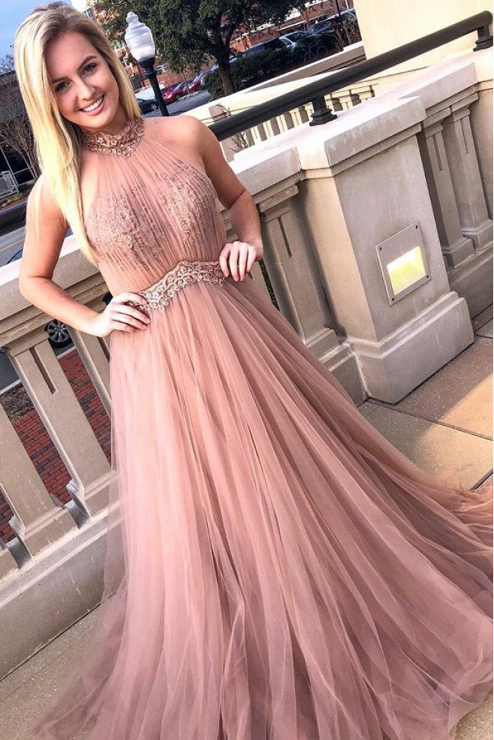 A-Line Lace and Tulle Long Prom Dresses Formal Evening Gowns 901746
