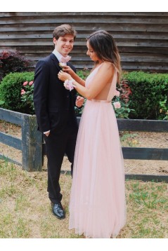 A-Line Long Pink Tulle Prom Dresses Formal Evening Gowns 901755