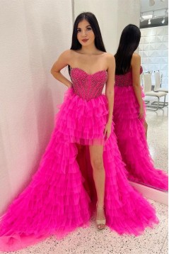 High Low Sweetheart Sparkle Tulle Fuchsia Prom Dresses Formal Evening Gowns 901757