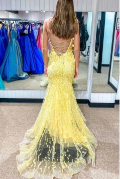 Long Yellow Mermaid Lace Prom Dresses Formal Evening Gowns 901764