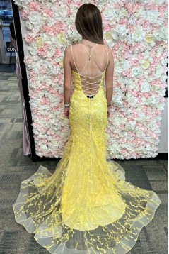 Long Yellow Mermaid Lace Prom Dresses Formal Evening Gowns 901764