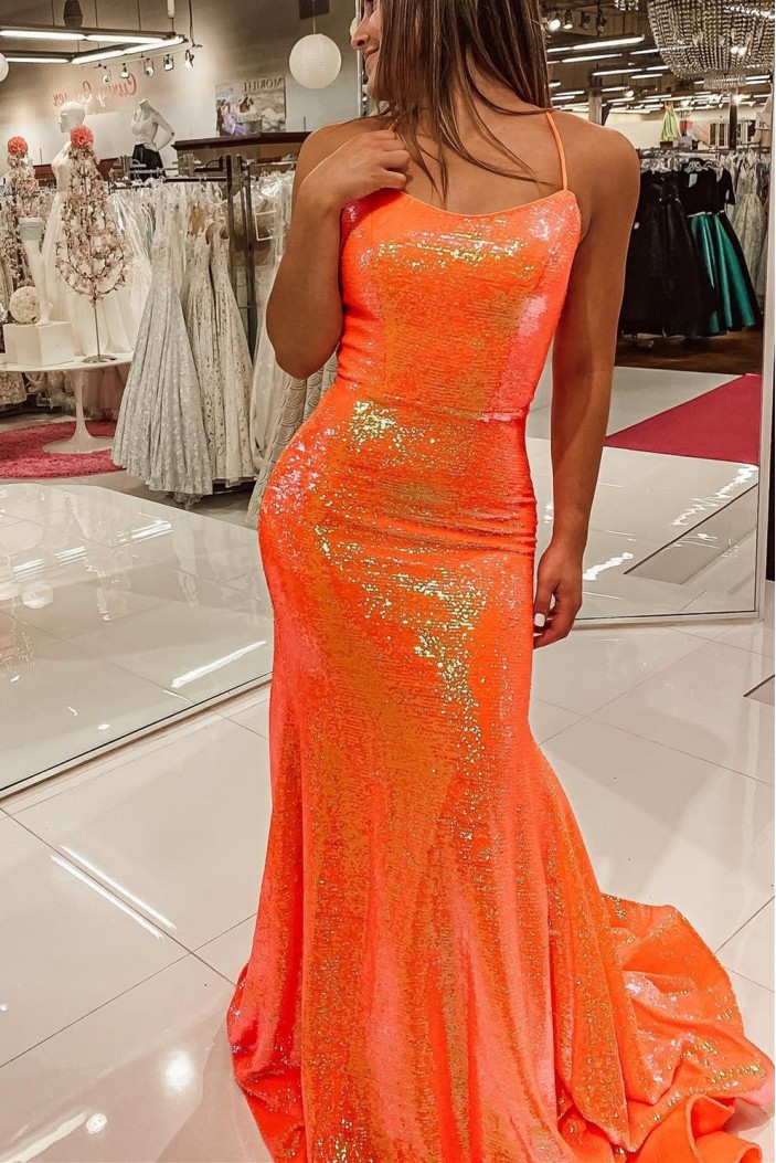 Elegant Mermaid Long Orange Sparkle Sequins Prom Dresses Formal Evening Gowns 901771