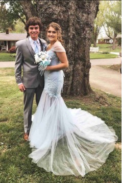 Long Blue Mermaid Lace and Tulle Prom Dresses Formal Evening Gowns 901779