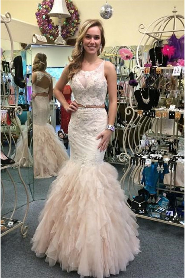 Mermaid Two Pieces Lace and Tulle Prom Dresses Formal Evening Gowns 901781
