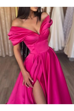 A-Line Evening Dresses Floor Length Short Sleeve Off Shoulder Satin Long Prom Dresses with Slit 901822