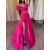 A-Line Evening Dresses Floor Length Short Sleeve Off Shoulder Satin Long Prom Dresses with Slit 901822