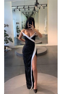 Long Black White Sequins Prom Dresses Formal Evening Gowns 901825