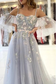 A-Line Long Tulle Lace Prom Dresses Formal Evening Gowns 901832