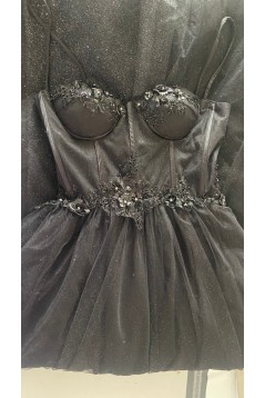 A-Line Spaghetti Straps Lace Appliques Sparkly Black Prom Dresses Formal Evening Gowns 901833