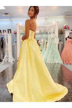 Long Yellow Satin V Neck Prom Dresses Formal Evening Gowns 901834