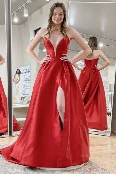 Long Yellow Satin V Neck Prom Dresses Formal Evening Gowns 901834