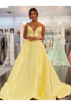 Long Yellow Satin V Neck Prom Dresses Formal Evening Gowns 901834