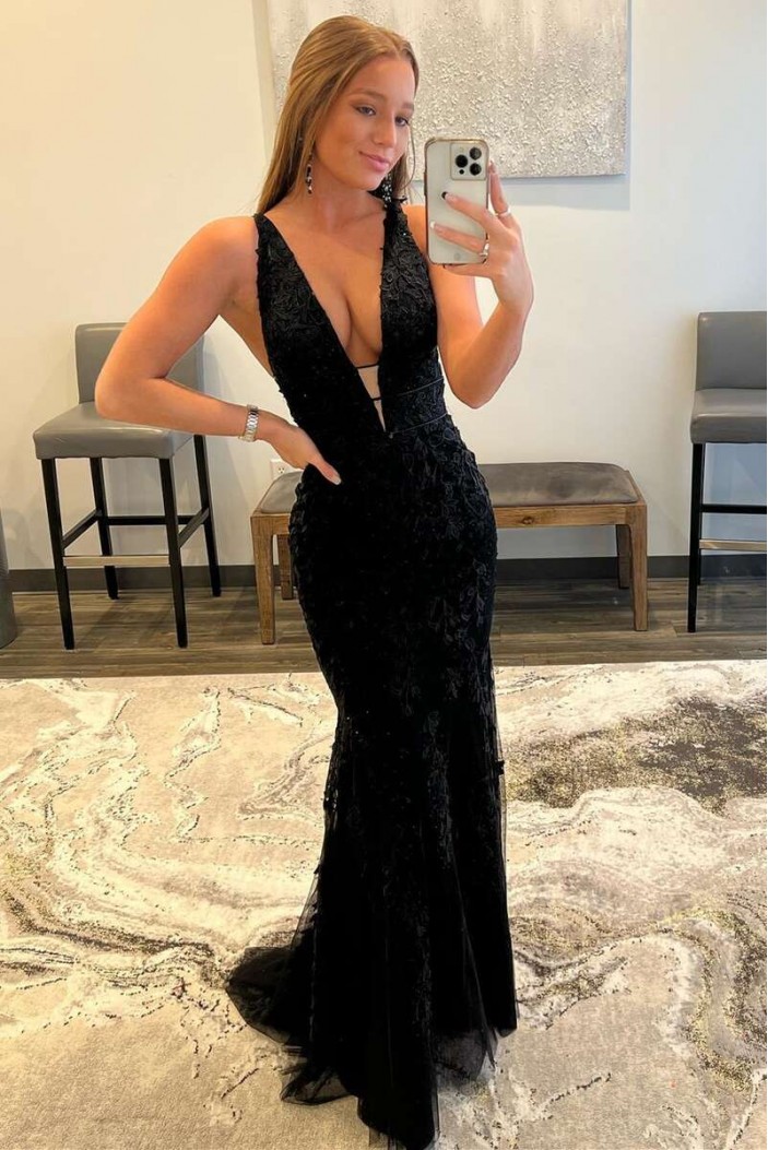 Elegant Long Black V Neck Lace Prom Dresses Formal Evening Gowns 901838
