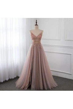 A-Line Beaded Tulle V Neck Prom Dresses Formal Evening Gowns 901843