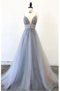 A-Line Beaded Tulle V Neck Prom Dresses Formal Evening Gowns 901843