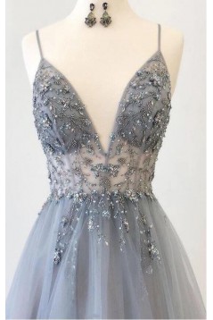 A-Line Beaded Tulle V Neck Prom Dresses Formal Evening Gowns 901843