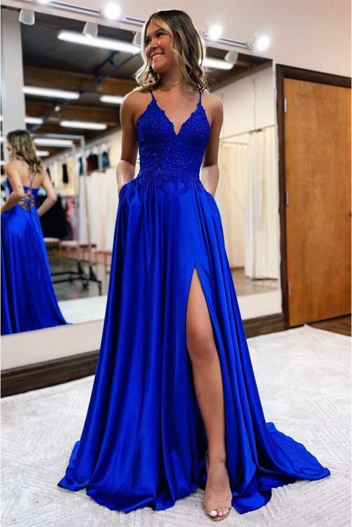 Long Blue V Neck Lace Prom Dresses Formal Evening Gowns 901844