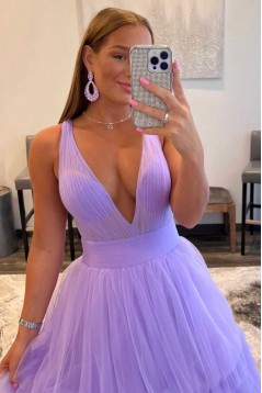 A-Line Sleeveless V Neck Tulle Prom Dresses Formal Evening Gowns 901858