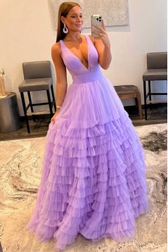 A-Line Sleeveless V Neck Tulle Prom Dresses Formal Evening Gowns 901858