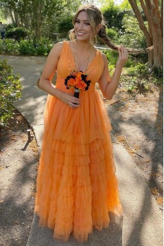 A-Line Sleeveless V Neck Tulle Prom Dresses Formal Evening Gowns 901858