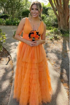 A-Line Sleeveless V Neck Tulle Prom Dresses Formal Evening Gowns 901858