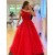 Long Red One Shoulder Lace and Tulle Prom Dresses Formal Evening Gowns 901867