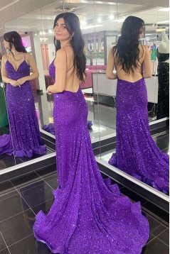 Elegant Backless Purple Sequins Long Prom Dresses Formal Evening Gowns 901878