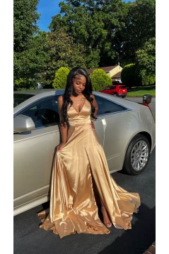 A Line V Neck Gold Sleeveless Long Prom Dresses Formal Evening Dresses 901882