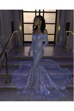 Mermaid Off the Shoulder Long Sleeves Sweetheart Sequins Long Prom Dresses Formal Evening Dresses 901884