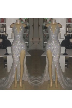 Mermaid Sparkle V Neck Sequins Long Prom Dresses Formal Evening Dresses 901885