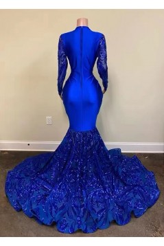 Mermaid Royal Blue Long Sleeevs Deep V Neck Prom Dresses Formal Evening Dresses 901886