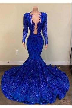 Mermaid Royal Blue Long Sleeevs Deep V Neck Prom Dresses Formal Evening Dresses 901886