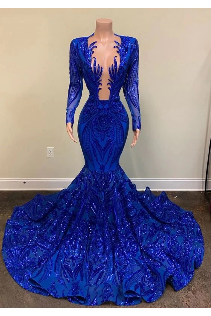 Mermaid Royal Blue Long Sleeevs Deep V Neck Prom Dresses Formal Evening Dresses 901886
