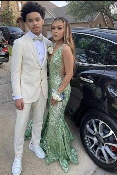 Mermaid Red V Neck Sparkle Sequins Long Prom Dresses Formal Evening Dresses 901888