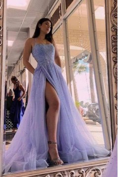A-Line Beaded Long Tulle Prom Dresses Formal Evening Dresses with Slit 901889
