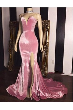 Long Pink Mermaid Velvet Prom Dresses Formal Evening Dresses 901891