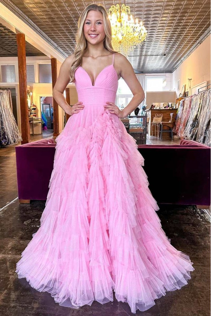 Long Pink Tulle Prom Dresses Formal Evening Dresses 901895