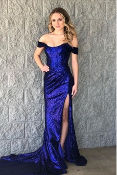Long Mermaid Off the Shoulder Sequins Prom Dresses Formal Evening Dresses 901912