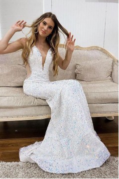 Mermaid Backless Sequins Long Prom Dresses Formal Evening Dresses 901914