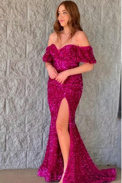 Mermaid Off the Shoulder Sequins Long Prom Dresses Formal Evening Dresses 901919
